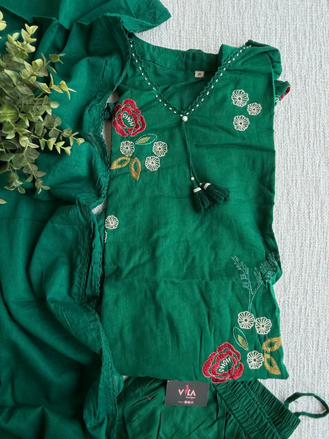 Green floral emb pure cotton suit set