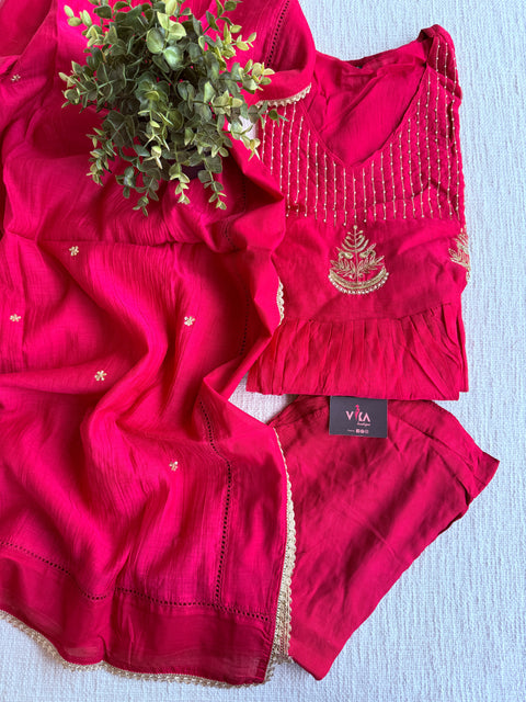 Hot pink mul chanderi silk suit set