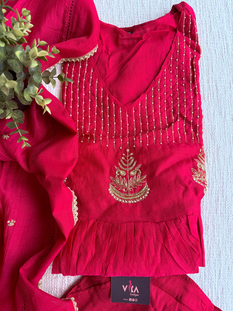 Hot pink mul chanderi silk suit set