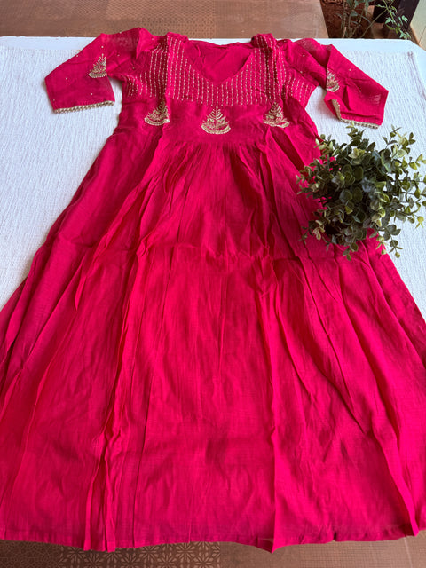 Hot pink mul chanderi silk suit set
