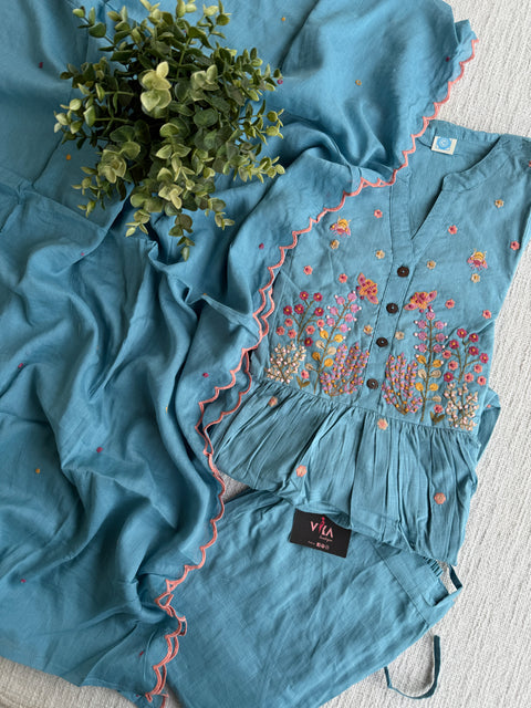 Floral emb blue pure cotton suit set