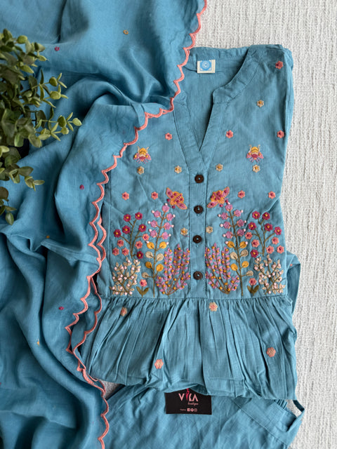 Floral emb blue pure cotton suit set