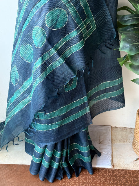 Batik printed kantha work raw silk saree
