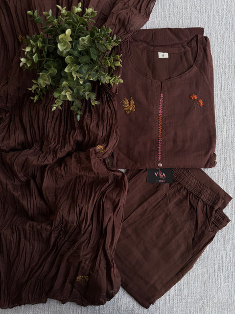 Floral emb slub cotton suit set
