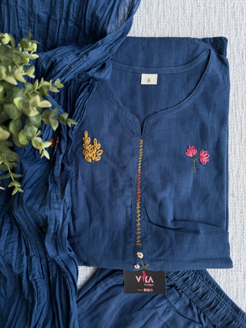 Floral emb slub cotton suit set