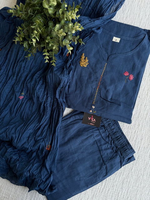 Floral emb slub cotton suit set