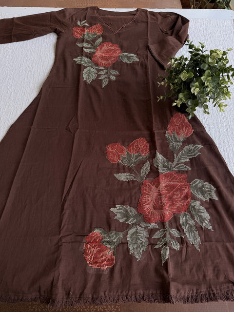Brown Cross stitch emb cotton suit set