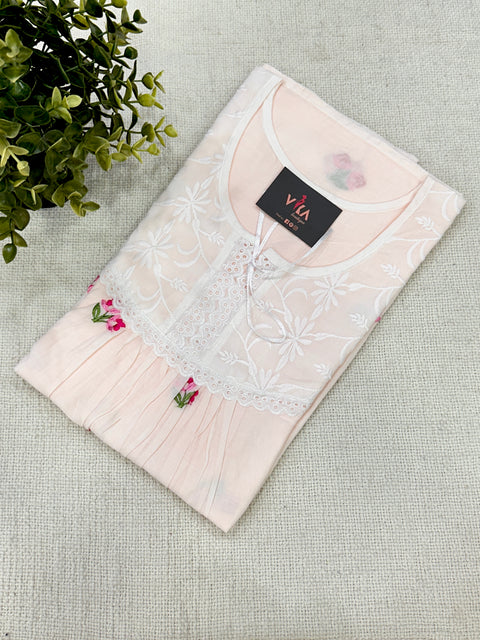 Yoke pattern emb pure cotton nighty - Peach