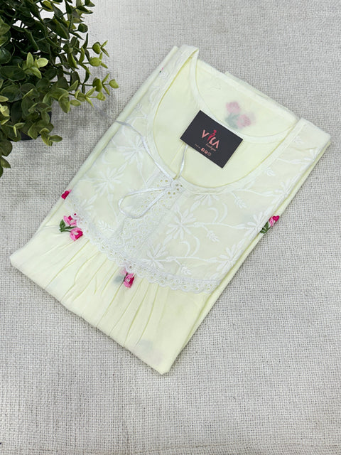 Yoke pattern emb pure cotton nighty - Yellow