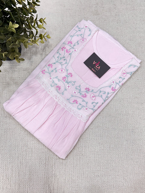 Square neck emb pure cotton nighty - Pink