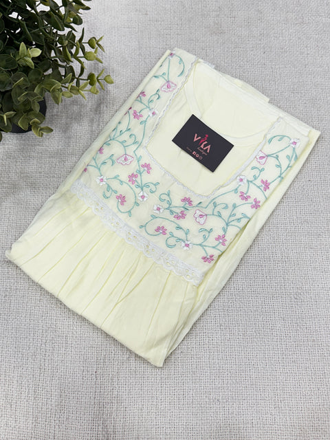 Square neck emb pure cotton nighty - Yellow