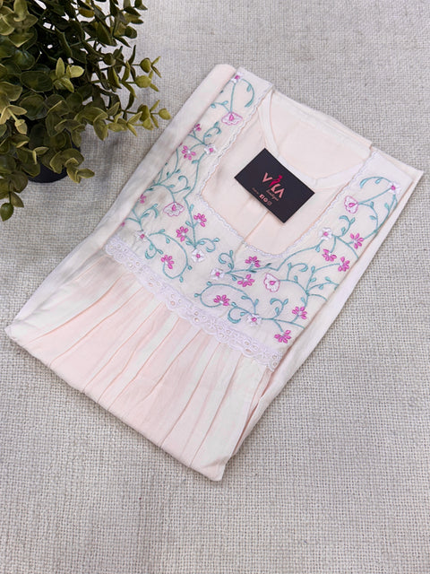 Square neck emb pure cotton nighty - Peach