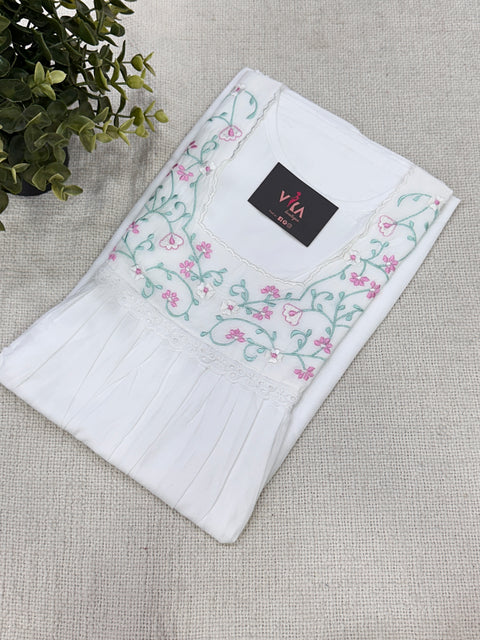 Square neck emb pure cotton nighty - White