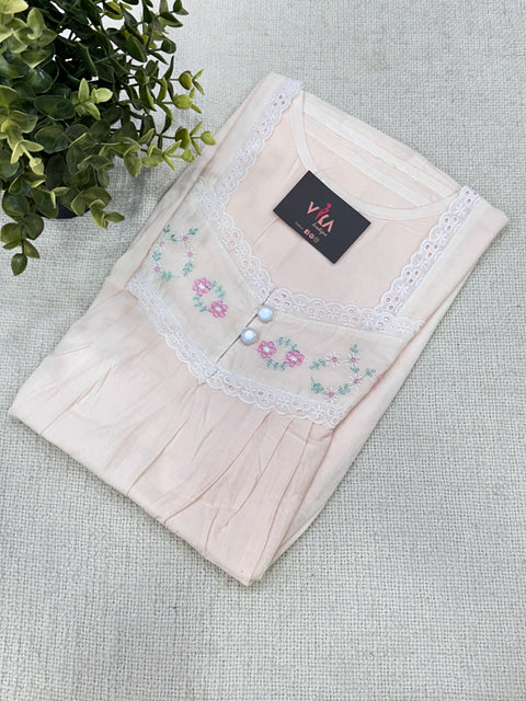 Floral neck emb pure cotton nighty - Peach