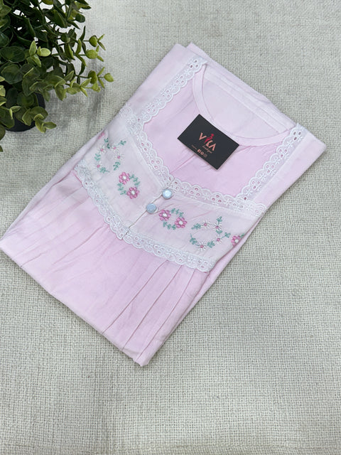 Floral neck emb pure cotton nighty - Pink