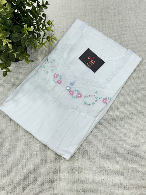 Floral neck emb pure cotton nighty - White