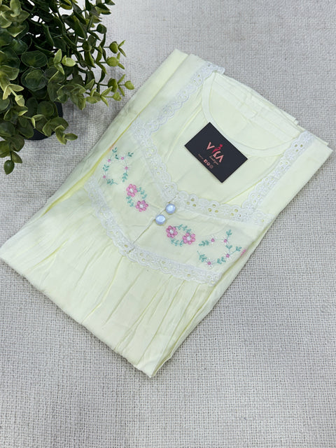 Floral neck emb pure cotton nighty - Yellow