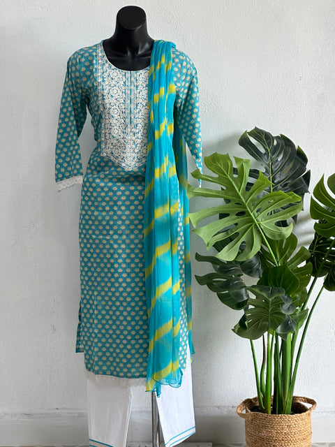 Neck emb printed cotton suit set