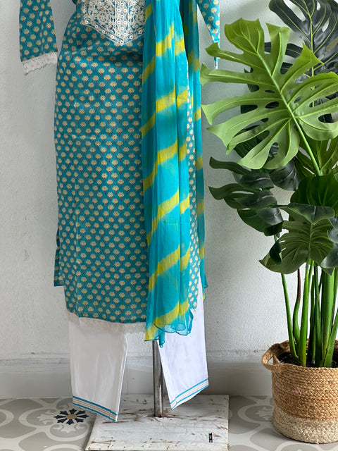 Neck emb printed cotton suit set