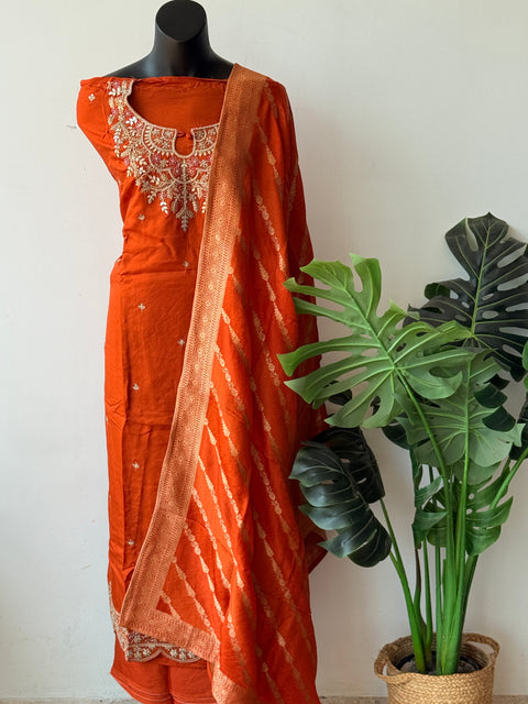 Neck emb russian silk suit material