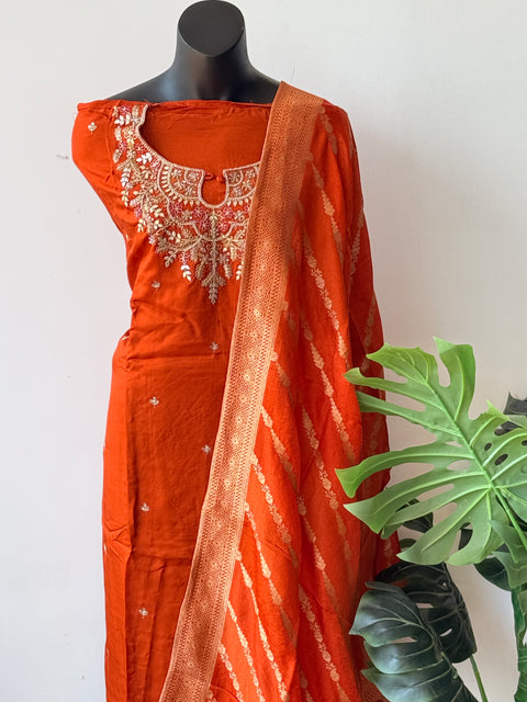 Neck emb russian silk suit material