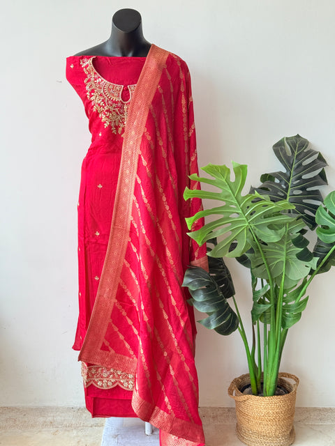 Neck emb russian silk suit material