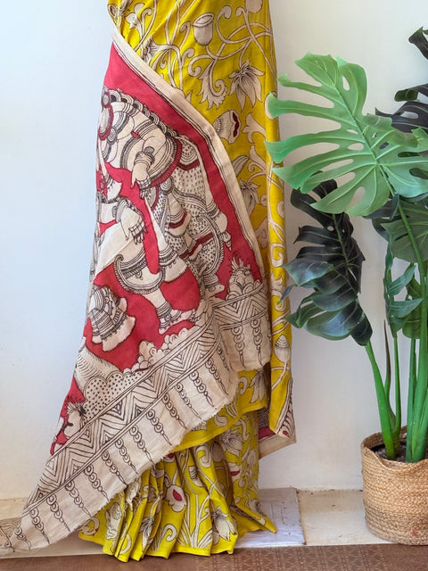 Yellow Pen kalamkari assam silk saree