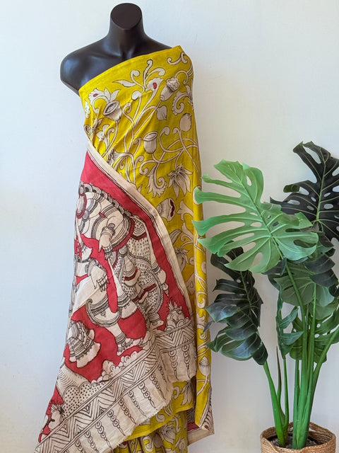 Yellow Pen kalamkari assam silk saree