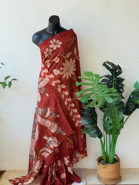Burnt orange Pen kalamkari assam silk saree