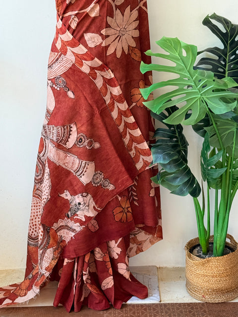 Burnt orange Pen kalamkari assam silk saree