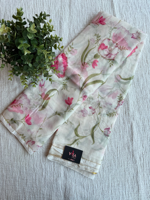 White Floral printed chiffon saree