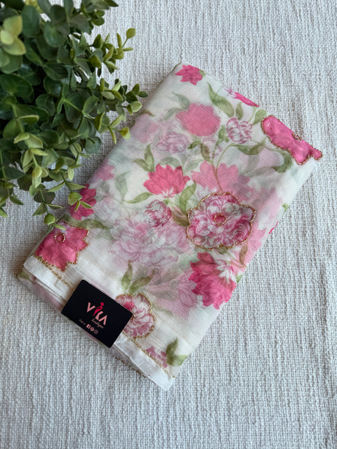 White Floral printed chiffon saree