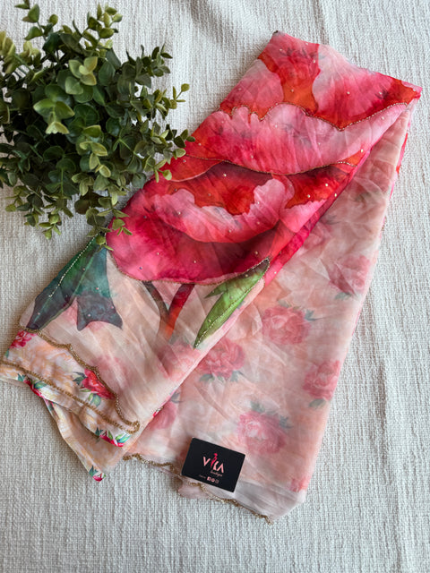 Cut dana work Floral printed chiffon saree
