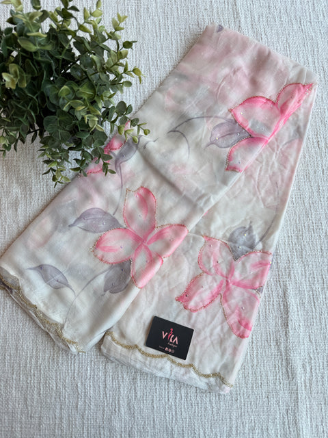 Cut dana work Floral printed chiffon saree