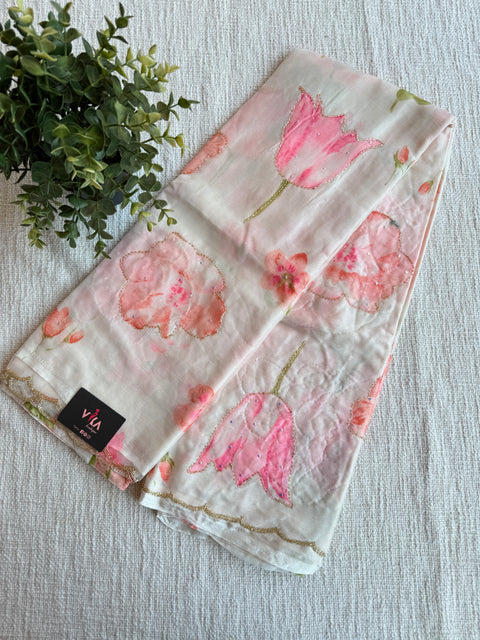 Cut dana work Floral printed chiffon saree