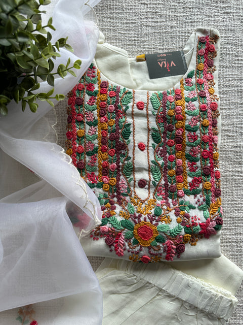 Cream french knot ready kurti pant set