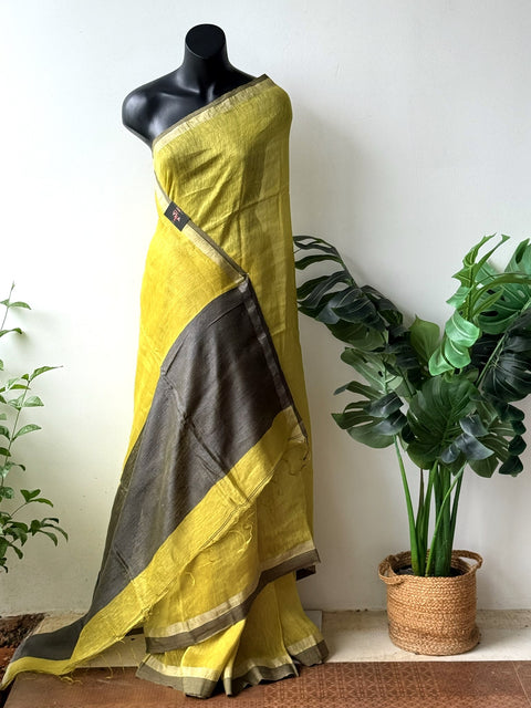 Yellow Grey pure silk linen saree