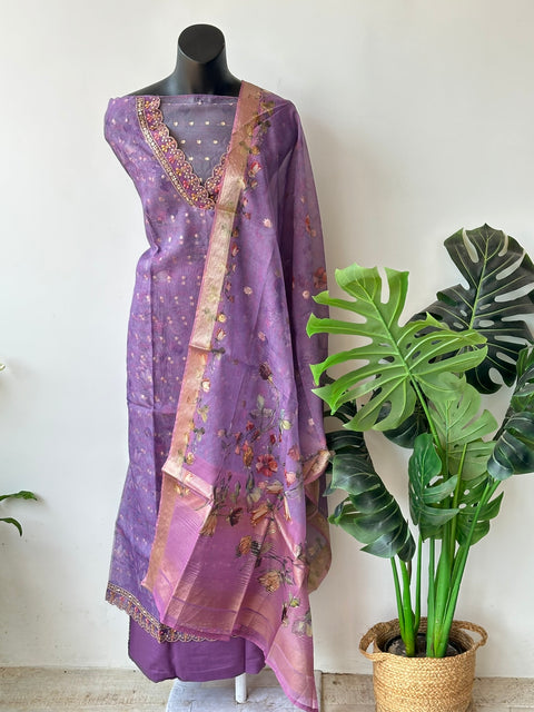 V neck banaras organza suit material