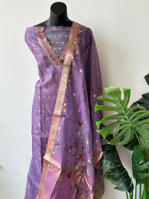 V neck banaras organza suit material