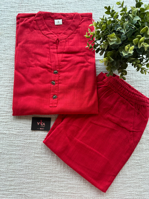 Red cotton ready kurti pant set