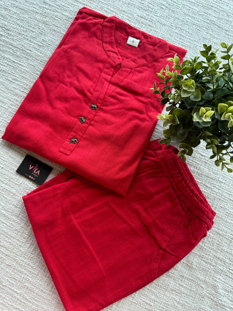 Red cotton ready kurti pant set