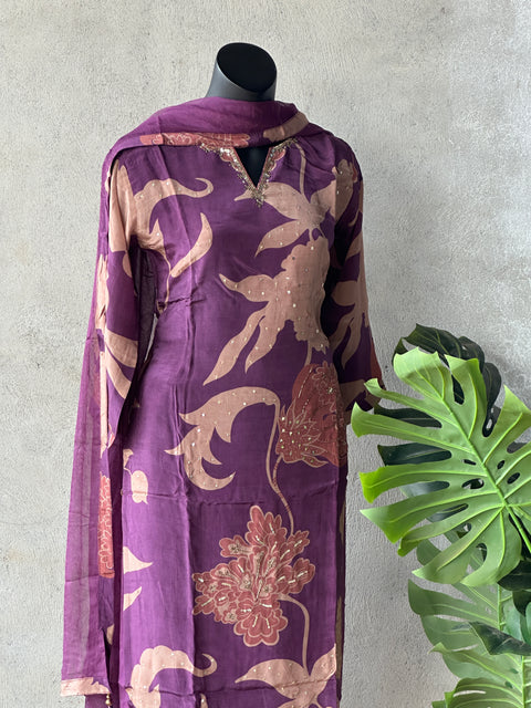 Floral printed satin crepe salwar suit set