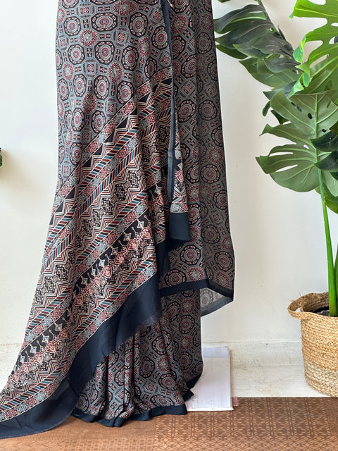 Ajrakh printed georgette saree