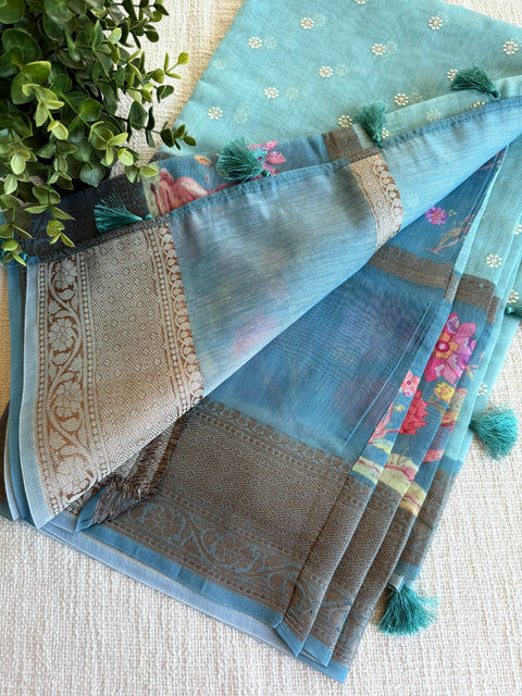 Emb and printed chanderi saree - Light Blue