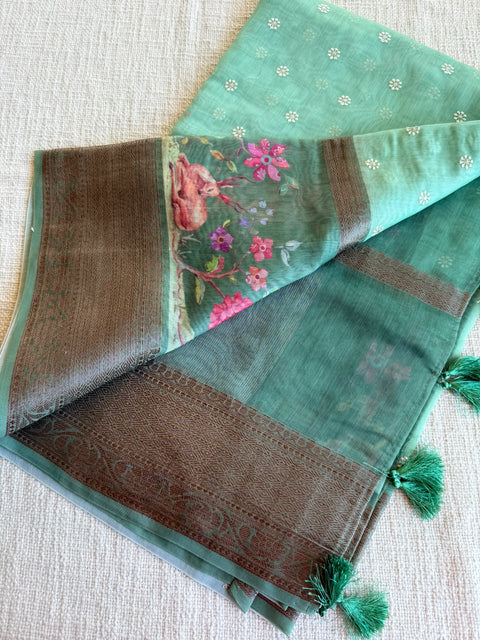 Emb and printed chanderi saree - Mint Green