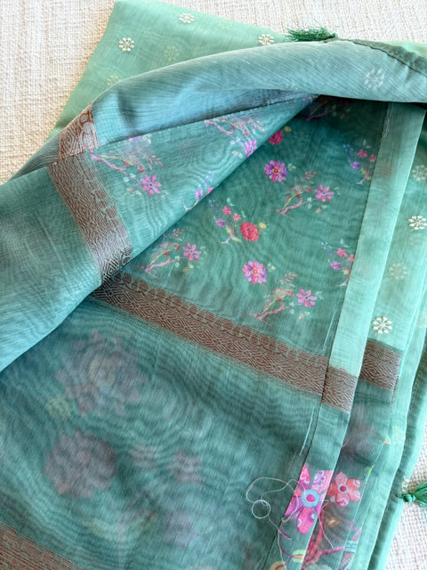 Emb and printed chanderi saree - Mint Green