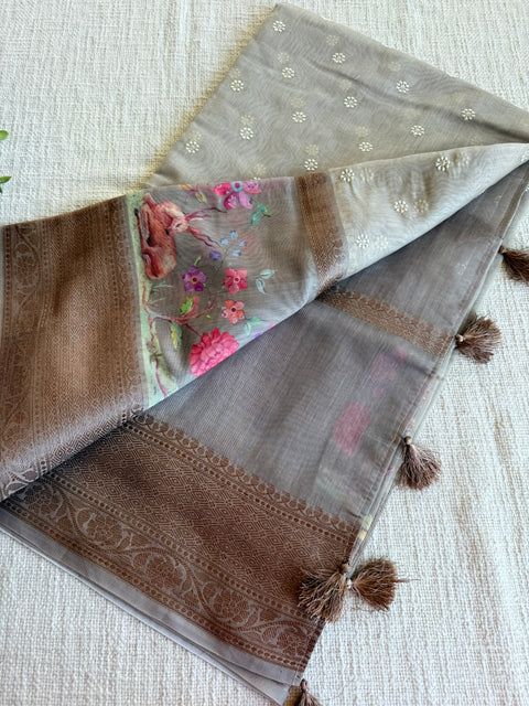 Emb and printed chanderi saree - Grey
