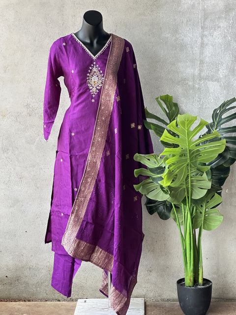 V Neck embroidery Russian silk kurti pant set