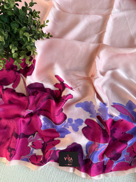 Vintage floral printed satin saree