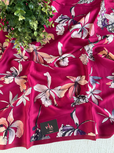 Vintage floral printed satin saree